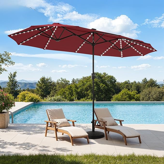 HERA'S PALACE 13ft Patio Umbrella with 120 LED Solar Lights Double Sided Outdoor Umbrella for Patio 8 Colors Changing Table Umbrella Outdoor Patio for Garden Pool