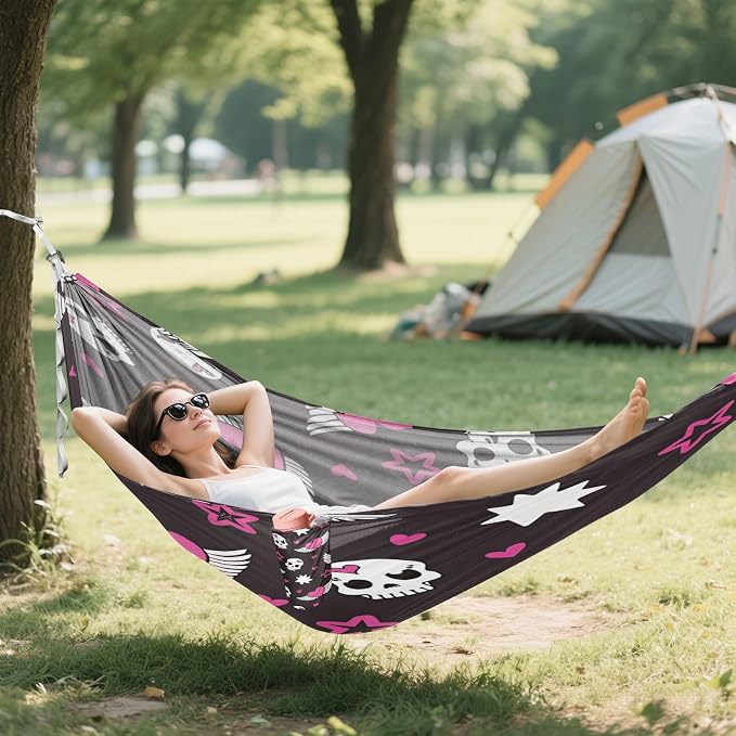 Skull Pink Heart Wings Star Camping Hammock, Portable Lightweight Single Hammock with Tree Straps and Aluminum Carabiners, 114" x 54" Travel Hammock for Hiking Backpacking Beach