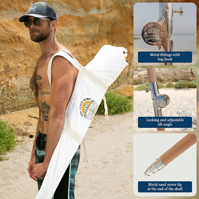 Beach Umbrella for Sand with Fringe – Luxury Boho Outdoor Umbrella for Beach, Pool, Garden, UPF 50+ Wood Shaft Metal Fittings Round with Carry Bag From