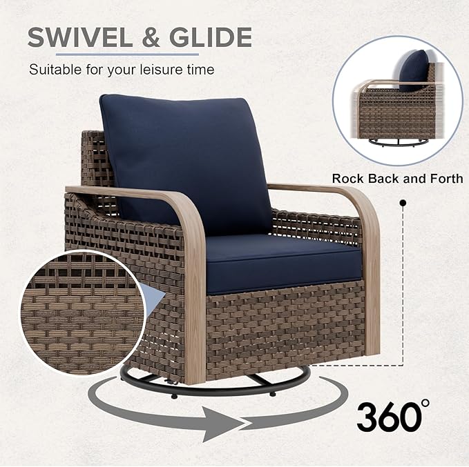 COOS BAY Modern Wicker Outdoor Furniture Set, 8 Piece Patio Conversation Set with 2 Swivel Rockers, 2 Patio Chairs, a 3 Seat Couch, a Loveseat, Coffee Table and Side Table, 8 Piece, Brown/Blue