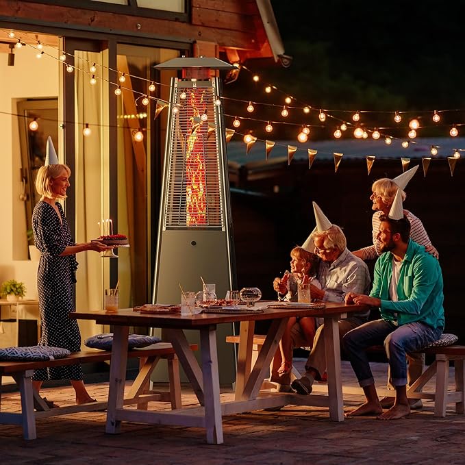 OLIXIS 48000 BTU Pyramid Patio Heater, Outdoor Heater with Wheels and Ignition, Propane Patio Heater for Home, Backyard, Garden, Deck and Patio, Silvery