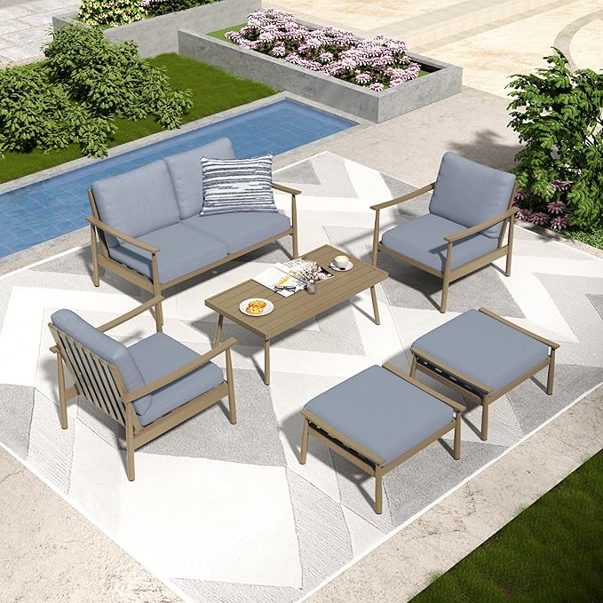 6 Pieces Aluminum Outdoor Patio Furniture Set with Coffee Table, Cushioned Loveseat and Armchairs with Ottomans, All-Weather Conversation Set for Yard Porch Deck, Blue & Brown