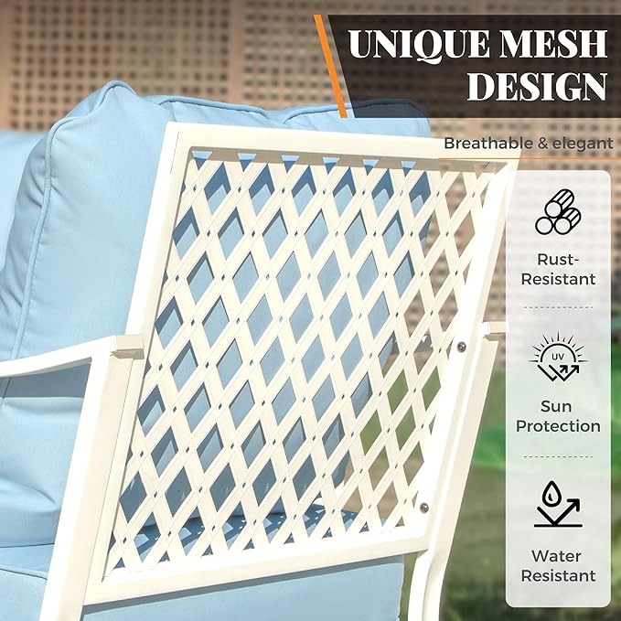 6 Piece Patio Furniture Set, 2 x Fixed Chair, 2 x Rocking Chair, 1 x 3-Seat Sofa with Marbling Coffee Table, All Cushioned 7 Seats Outdoor Conversation Set for Lawn Garden Backyard, Blue