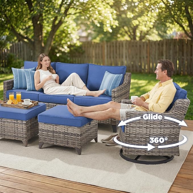 Belord Patio Wicker Swivel Rocker Patio Chairs with 3-Seater Sofa, Outdoor Rattan Chairs for Deck Porch Poolside, 7 Piece Patio Conversation Furniture Set,Blue