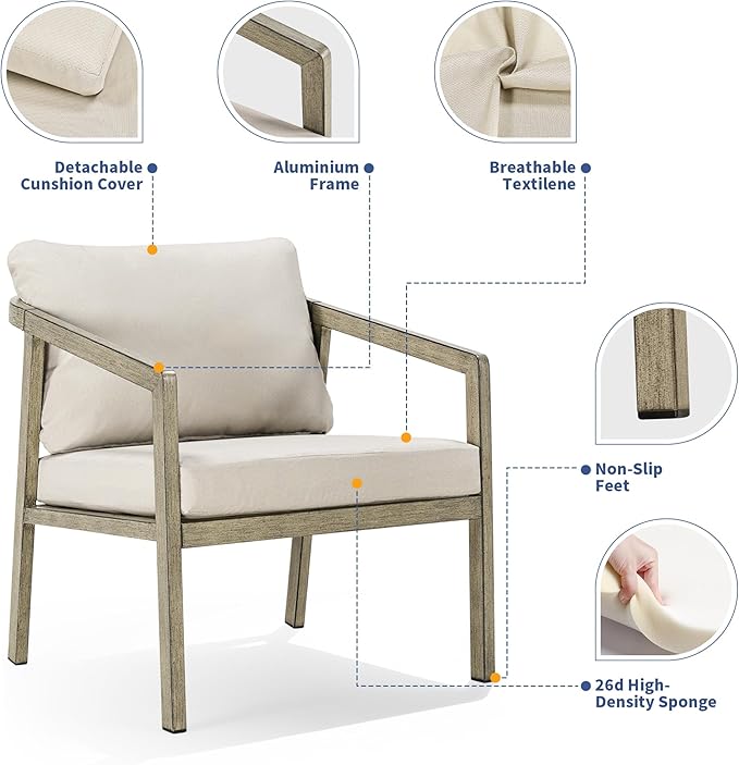 Patio Conversation Sets Outdoor Armchair, 2 Piece Aluminum Patio Sofa Chairs with Washable Thick Cushions, Modern All-Weather Patio Furniture Sets for Garden, Backyard, Porch (Grey+Beige)