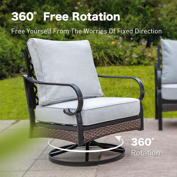 SUNSHINE VALLEY 4 Piece Black Metal Outdoor Patio Furniture Sets with Firepit Table, Patio Conversation Sets 1 3-Seater Sofa, 2 Swivel Sofa with 5.75" Cushion Backyard Furniture for Deck, Light Gray
