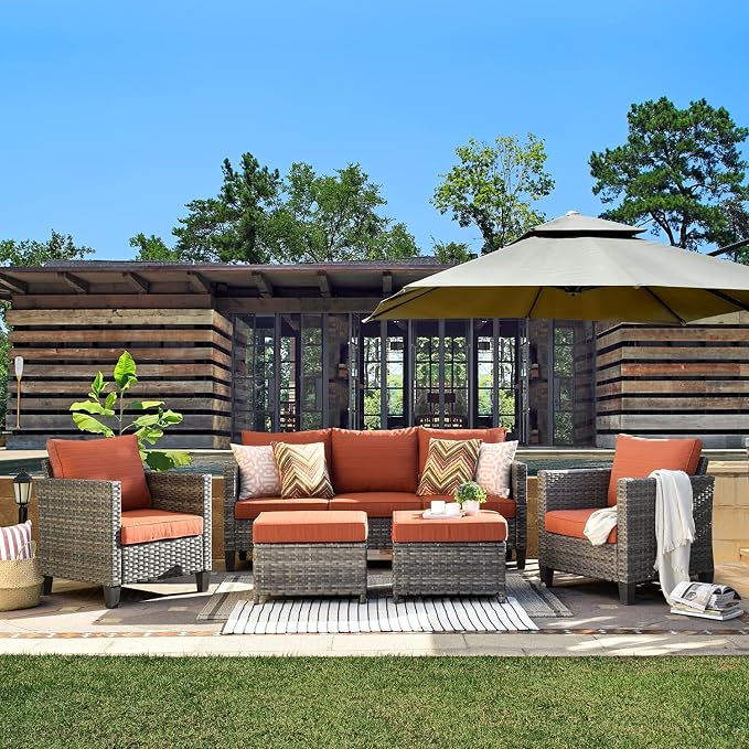ovios 5 Pieces Patio Furniture Set, Outdoor Wicker Rattan Sofa Couch with Ottomans Comfy Cushions, Modern Conversation Set for Deck Backyard Porch, Orange Red