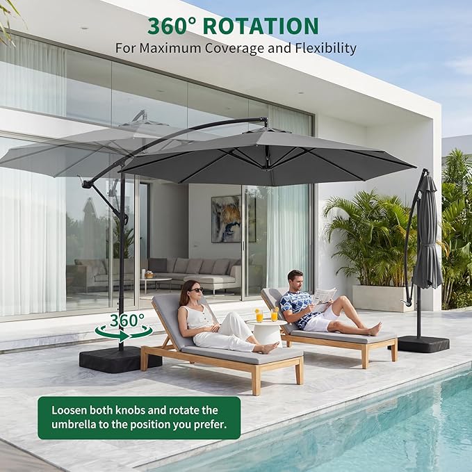 10FT Patio Umbrella with Base, Outdoor Umbrella Pool Umbrella Cantilever Umbrells - UV Protection, Easy Tilt & 360° Rotation for Poolside, Backyard & Garden