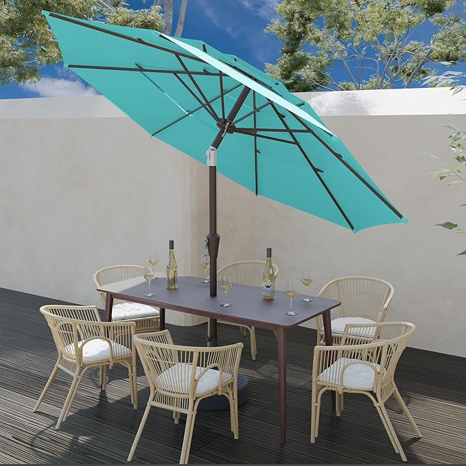 9FT 3 Tiers Patio Umbrella With Auto Tilt And Crank, Outdoor Table Market Umbrella with 8 Sturdy Ribs for Garden, Lawn, Deck, Backyard and Pool