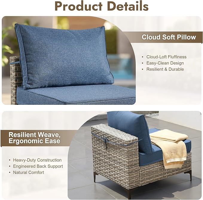 6 Pieces Patio Furniture Set with 42" Fire Pit, All-Weather Rattan Outdoor Sectional Conversation Sets L Shaped Sofas with Solar Light Coffee Table for Porch Balcony Backyard Denim Blue