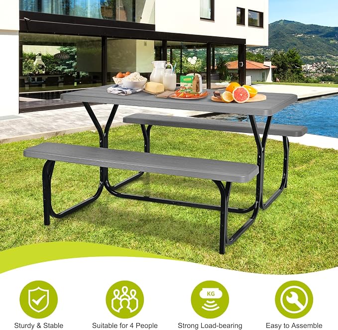 HAPPYGRILL Outdoor Picnic Table Bench Set with Metal Frame & All Weather-Resistant Surface, Camping Table Set for Patio Backyard Poolside Garden Dining Party