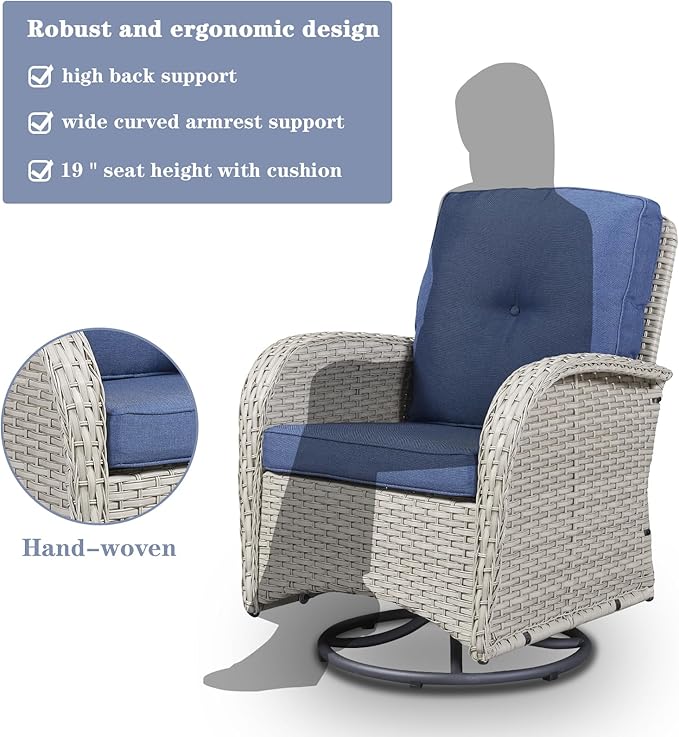 Belord Patio Wicker Chairs Swivel Rocker - Outdoor Swivel Rocking Chairs Set of 2 with Rattan Side Table,3 Piece Patio Swivel Glider Chair Furniture Sets for Patio Porch Pool Light Beige/Blue