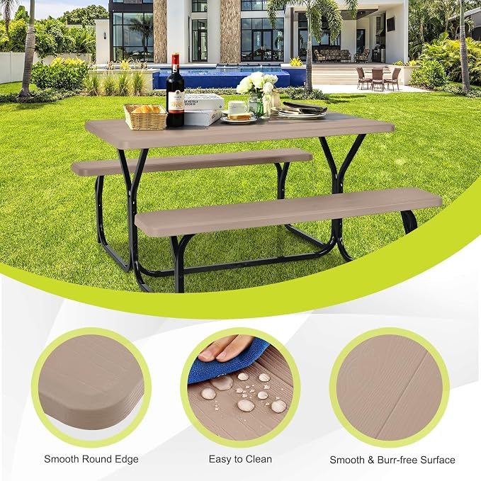HAPPYGRILL Outdoor Picnic Table Bench Set with Metal Frame, Camping Table Set for Patio Backyard Poolside Garden Dining Party