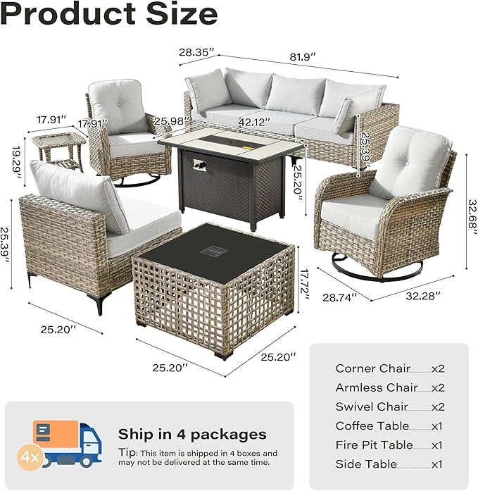 9 Pieces Outdoor Sectional Patio Furniture Set with 42" Fire Pit,Conversation Sets Rattan Wicker L Shaped Couch Swivel Rocking Chairs,Modular Outdoor Sofa for Porch Balcony Backyard Grey
