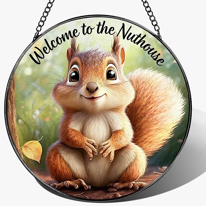 Stained Glass Window Hanging 8" Welcome to the Nuthouse Squirrel Sun Catchers, Stained Glass Suncatcher Decor for Christmas, Birthday, Housewarming, Gift for Squirrel Lover Friend Coworker Neighbor