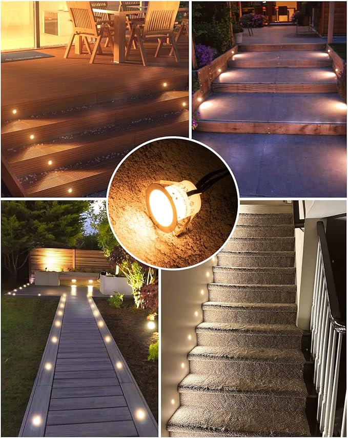 HIBOITEC Recessed LED Deck Light Kits(10 Pack), 12V Low Voltage Landscape Lighting IP67 Waterproof Outdoor Step Stair Lights Warm White Deck Lighting for Garden Yard Steps Stair Patio Floor Decoration