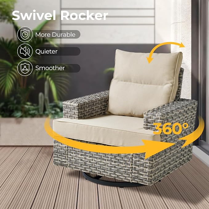 HOOOWOOO Sectional Patio Furniture Set with Fire Pit Table,15 Pieces Wicker Outdoor Furniture L Shaped Couch,Outside Conversation Set Extra Deep Seat Sofa Wide Arm Swivel Chairs Solar Light,Beige