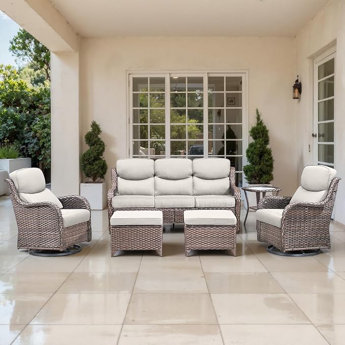 Outdoor Swivel Rocker Patio Chairs Set of 6-5" Thick Cushion 6 Piece Furniture Set with Fire Pit Table All Weather Wicker Conversation Set for Porch Deck - Brown Wicker | Beige Cushions