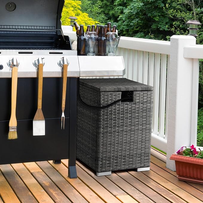 22.4in Outdoor Rattan Side Tables,Iron Frame Gas Bottle Storage Bin,Waterproof Patio Coffee Side Tables,All-Weather PE Wicker End Table,with Lid,for Garden Porch Poolside Deck Backyard (Gray)