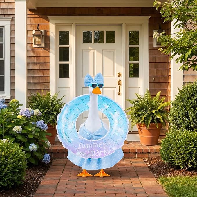 Bikini Porch Goose Outfits Fits 23" Goose Statue Summer Porch Goose Outfit with Sunglasses and Swim Ring Hawaiian Porch Goose Clothes Costume for Outdoor Garden Lawn Yard Decor(Blue Flower)