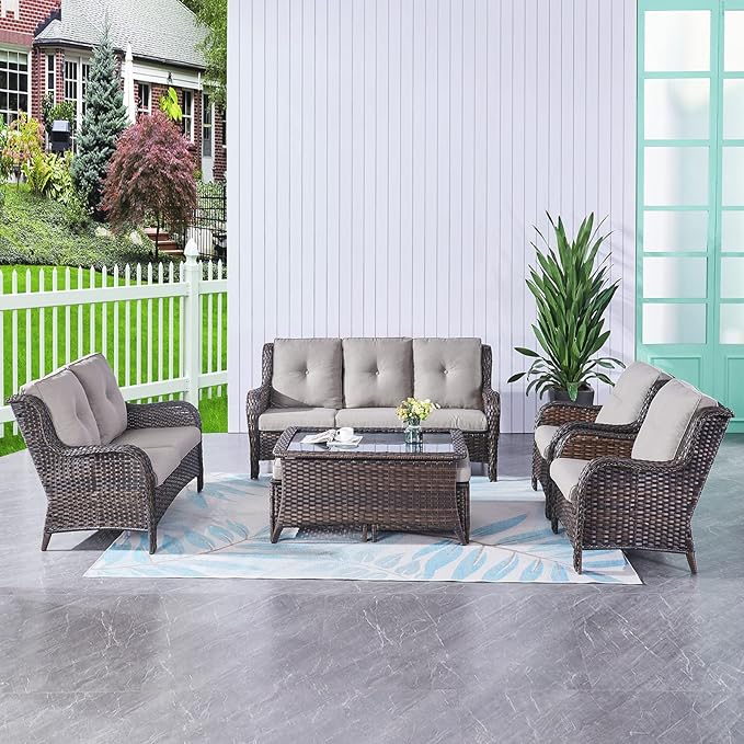 Rilyson Outdoor Loveseat Wicker Patio Sofa - 2-Seat Rattan Outdoor Couch Patio Furniture with Deep Seating and Comfortable Cushions for Outside Porch Deck Balcony(Brown/Grey)