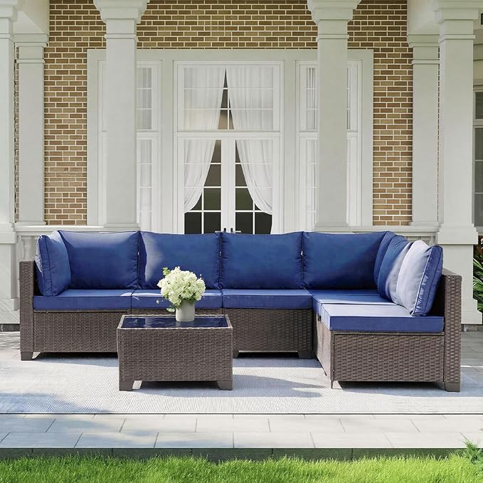 MOCHITO 7 Pcs Outdoor Patio Furniture Sets Brown Rattan Blue Cushions | All-Weather Sectional Sofa, with Glass Table, PE Rattan Wicker Patio Furniture , Washable Cushions, for Balcony Porch Garden