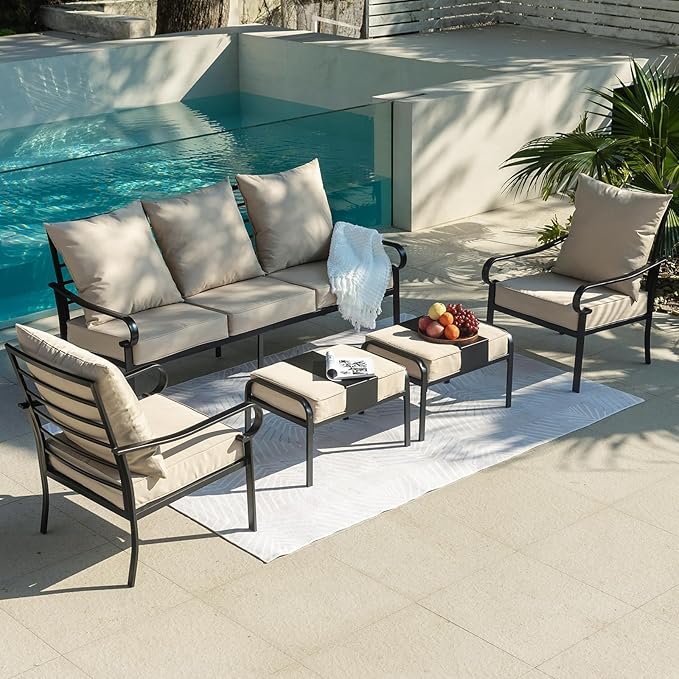 5 Piece Patio Furniture Set, Metal Patio Conversation Set with 1x3 Seater Sofa & 2xFixed Chairs & 2xOttomans, 5.75'' Extra Thick Cushion for Lawn Garden Backyard, Beige