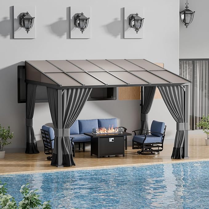 ALAULM 10'x 12' Outdoor Hardtop Pergola, Lean to Gazebo with Curtains and Netting,Large Wall-Mounted Heavy Duty Awnings for Patio, Backyard, Deck and Lawns-Grey
