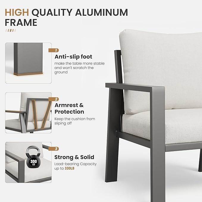 4-Piece Aluminum Patio Conversation Sets All-Weather Sectional Outdoor Furniture Set with Coffee Table & Cushions with Removable Covers for for Backyard, Garden and Poolside Easy Assembly(Beige)