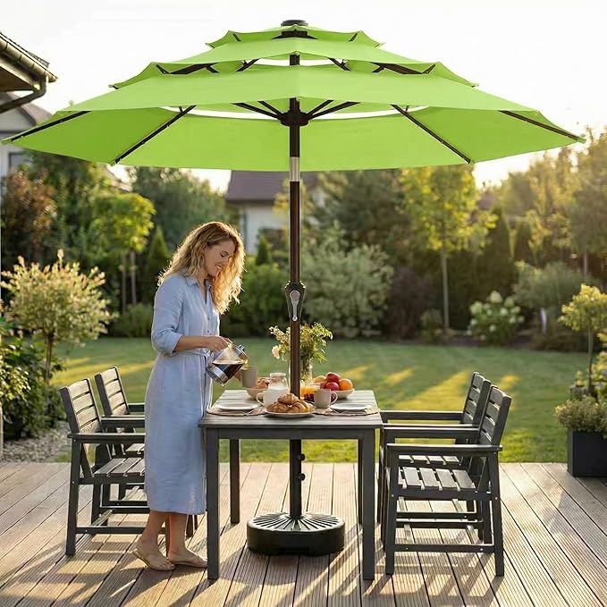 10ft 3-Tier Patio Umbrella with 32 Solar Powered LED Lights, Windproof Outdoor Market Umbrella for Deck, Poolside & Garden, Sturdy Push-Button Tilt Table Umbrella, Apple Green