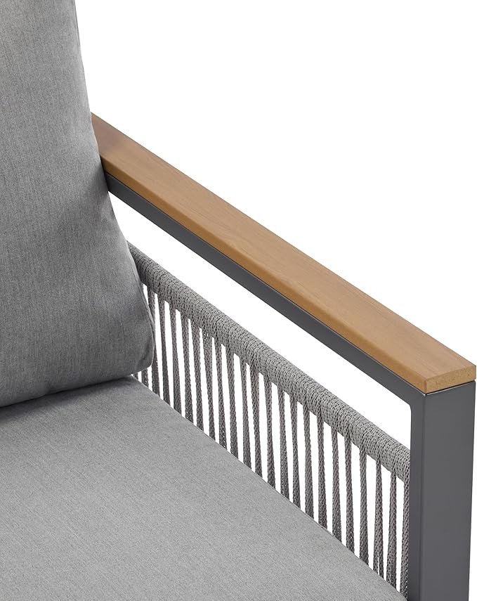 Christopher Knight Home Lena Patio 4 Pieces Conversation Set, Rope Woven Club Chairs and 3 Seater Sofa, Metal Frame Armchair, Slat Panel Coffee Table, Furniture Set for Backyard Garden Poolside, Gray