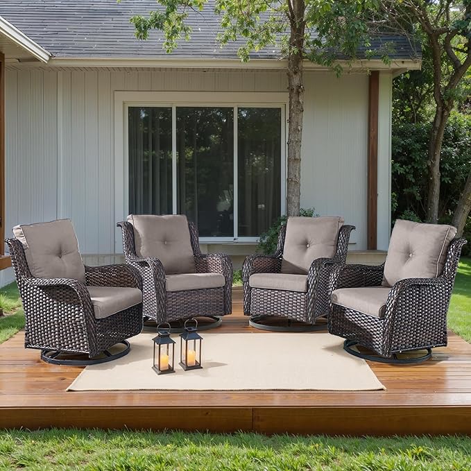 HUMMUH Outdoor Swivel Rocker Wicker Patio Chairs High Back PE Rattan Glider Chairs 4PCS Patio Furniture Set(Brown,Grey)