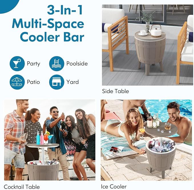 LDAILY Outdoor Cooler Table, 3-in-1 10 Gallon Ice Bucket with Height-Adjustable Tabletop, Cocktail Side Table with 110LB Capacity & Drain Plug for Poolside, Backyard, Patio Parties (Brown)