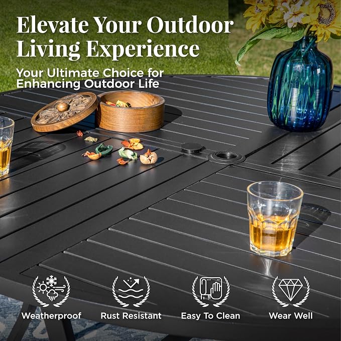 MIXPATIO 7 Pieces Outdoor Patio Dining Set for 6, Outdoor Table and Chairs Set, 6 Metal Chairs with Thickened Cushions, 54" Round Metal Table for Garden Backyard