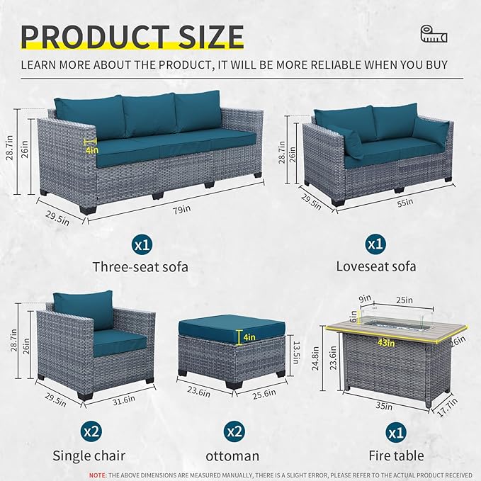 7 Piece Wicker Patio Furniture Sets Outdoor Conversation Set, PE Rattan Sectional Sofa Couch with Fire Pit Table and Non-Slip Peacock Blue Cushions, Furniture Covers Included