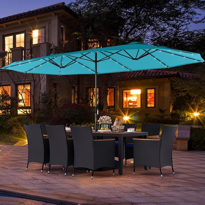 Tangkula 11 Pieces Patio Dining Set with Double-Sided Led Patio Umbrella (Base Included), with 8 Stackable Chairs, Acacia Wood Dining Table and Large Umbrella with Solar Lights (Turquoise + Navy)