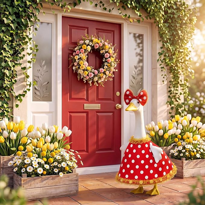 Porch Goose Outfit Vintage Polka Dot Goose Dress Retro Clothes with Bow Headpiece Costume for 23'' Gooses Statue Decoration Patio Yard Garden Lawn Outdoor Decors