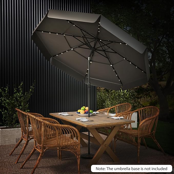Tangkula 10 FT Solar LED Patio Umbrella, 3-Tiers Scalloped Outdoor Table Market Umbrella with 32 LED Lights, Tilt Adjustment, Crank, 8 Sturdy Ribs for Pool, Deck, Backyard (Gray)