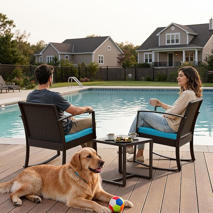 Greesum 3 Piece Patio Furniture Set, All-Weather Imitation Rattan Conversation Set, Outdoor Rocking Chair Bistro Set with Glass Top Coffee Table for Pool, Deck, Porch, Garden or Balcony, Blue