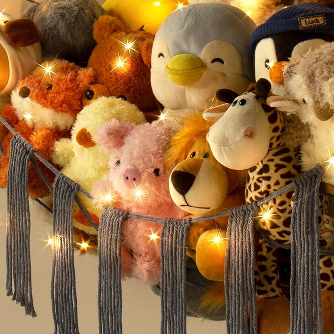 Stuffed Animal Hammock Corner Storage with LED Light - Pluish Hammock Large Plushie Net - Stuffed Animal Holder Hanging Organizer - Teddy Bear Hammocks Room Decorations
