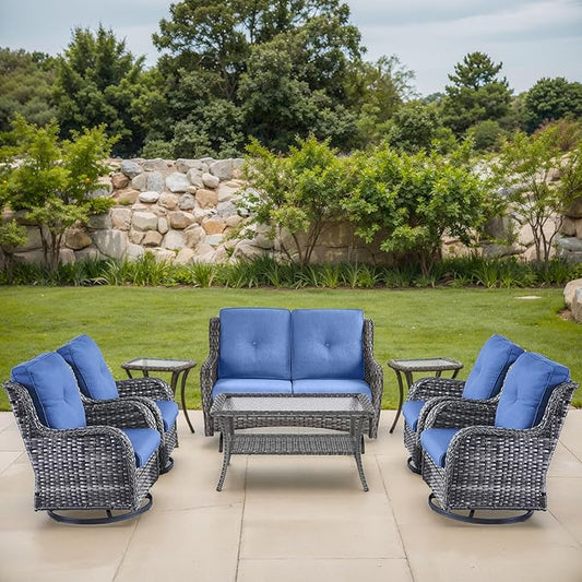 Patio Loveseat Glider Set, Resin Wicker Loveseat Glider with 4 Swivel Patio Chiars Coffee Table 2 Side Table, 8 Piece Patio Conversation Loveseat Set, Grey Wicker|Blue Cushions