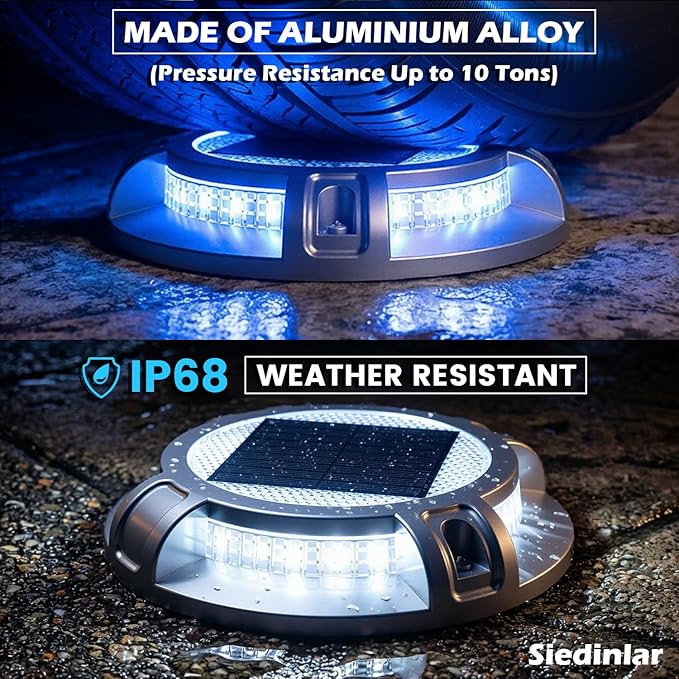 SIEDiNLAR Solar Driveway Lights Outdoor 4 Modes 40 LEDs Deck Driveway Markers Waterproof Marine Dock Light for Walkway Pathway Ground Step Garden Yard, Blue/White Dynamic Lighting (16 Pack)