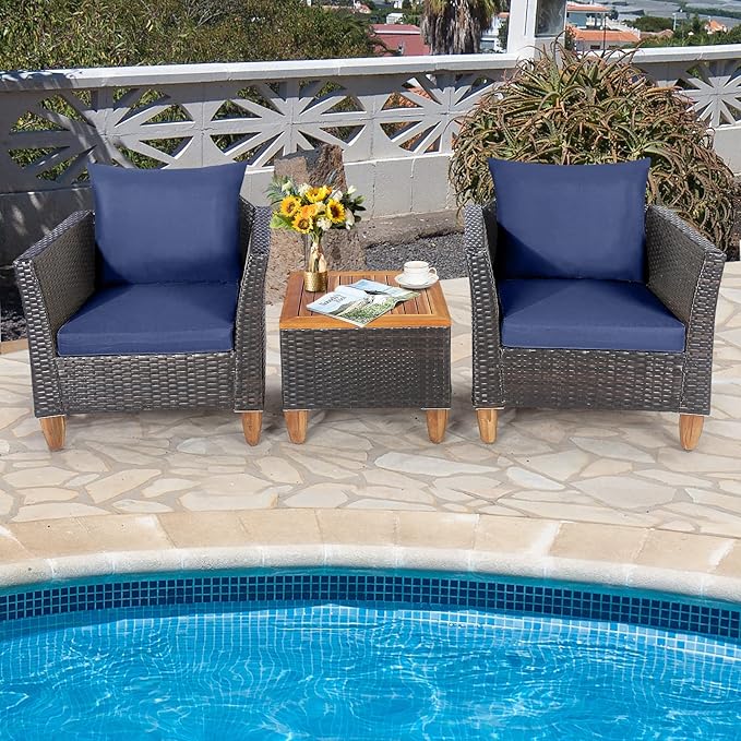 Tangkula 3-Piece Patio Furniture Set, Patiojoy Outdoor PE Wicker Bistro Set with Soft Cushions and Solid Acacia Wood, Outdoor Conversation Set with Porch, Balcony and Garden (Navy)