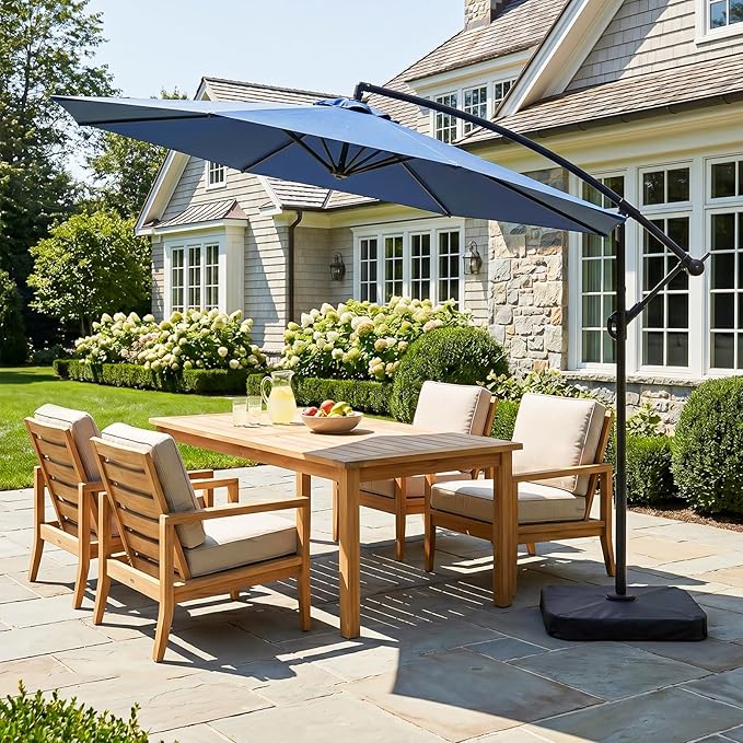 SUNYRISY 10ft Outdoor Patio Umbrella with Base Included, Large Cantilever Offset Umbrella with Sandbag Base Included for Deck, Pool, Porch, and Backyard Shade, Easy to Tilt and Crank