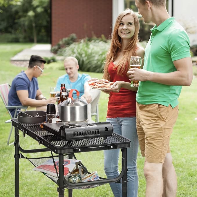RedSwing Tri-fold Folding Picnic Table, Lightweight Height Adjustable Iron Frame Table with Mesh Layer for Outdoor Camping Picnic BBQ, Black