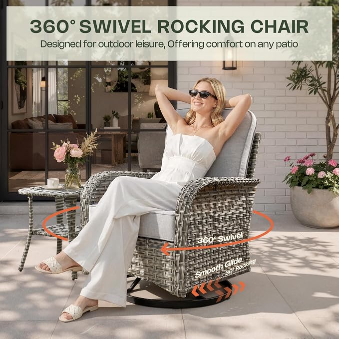8 Pieces Patio Furniture Set, Outdoor Conversation Set with 360° Swivel Rocker Chairs, Wicker Sectional Sofa & Solar Powered Lighted Table, High Back Outdoor Furniture for Backyard Porch, Light Gray