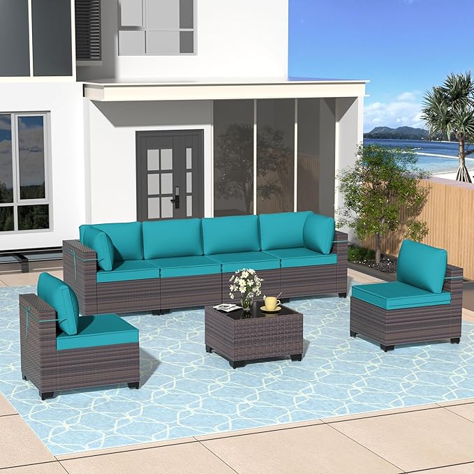 Patio Furniture Set 7 Pieces Outdoor Sectional Sofa Set,All Weather Wicker Patio Sofa PE Rattan Patio Conversation Set w/Cushions and Glass Coffee Table,Blue