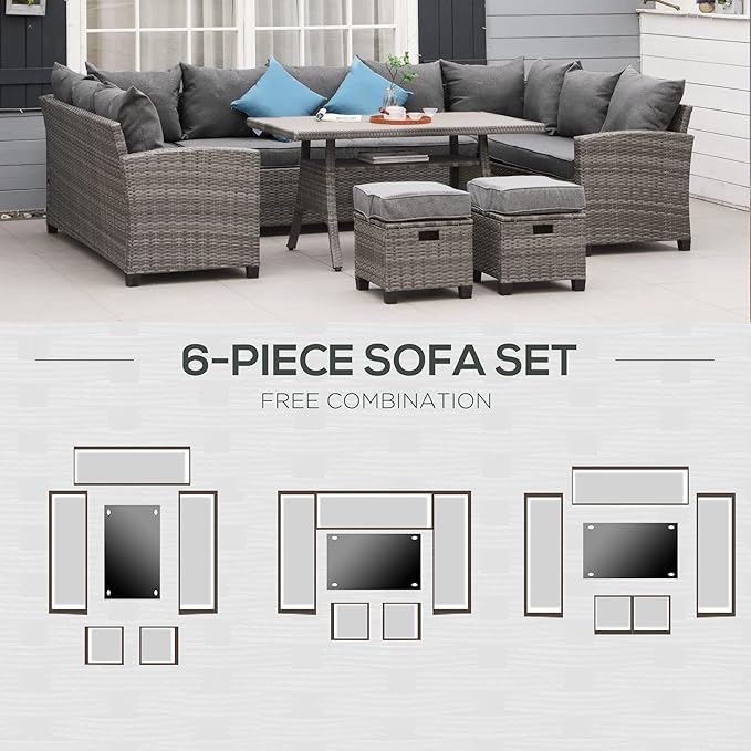 Outsunny Patio Furniture Set, 6 Piece PE Wicker Outdoor Furniture, Conversation Set with Ottomans, Table & Chairs, All Weather Sectional Sofa Couch, Blue Pillows, Gray