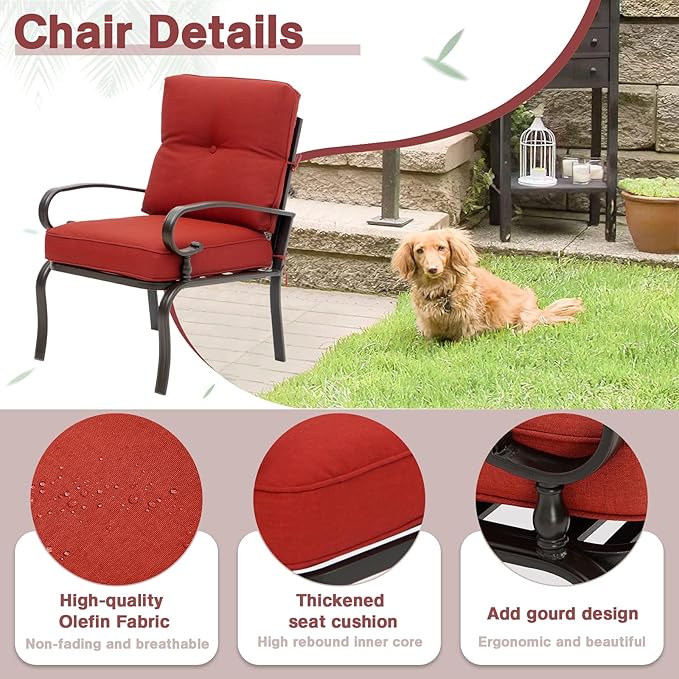 SUNCROWN 4 Pieces Outdoor Metal Furniture Patio Conversation Set Loveseat, 2 Dining Chairs and Coffee Table for Lawn Front Porch Garden, Red Cushions