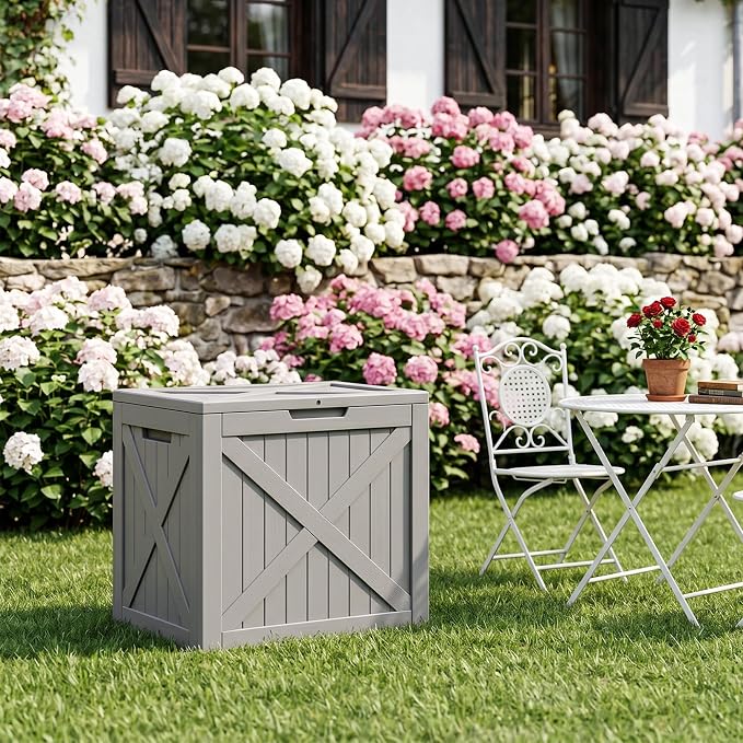 ROJIK 33 Gallon Deck Boxes Outdoor Waterproof, Weatherproof Lockable Storage Box with Lid and Side Handles, Resin Outdoor Storage Bench for Patio Furniture Cushions, Garden Tools (Black, 33 Gallon)